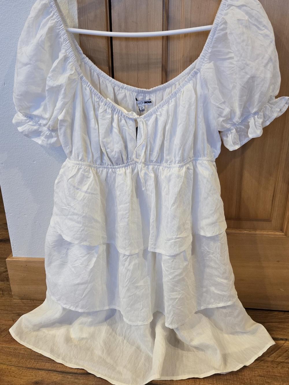 Fashion Nova White Tiered Peasant Tunic with Puff Sleeves